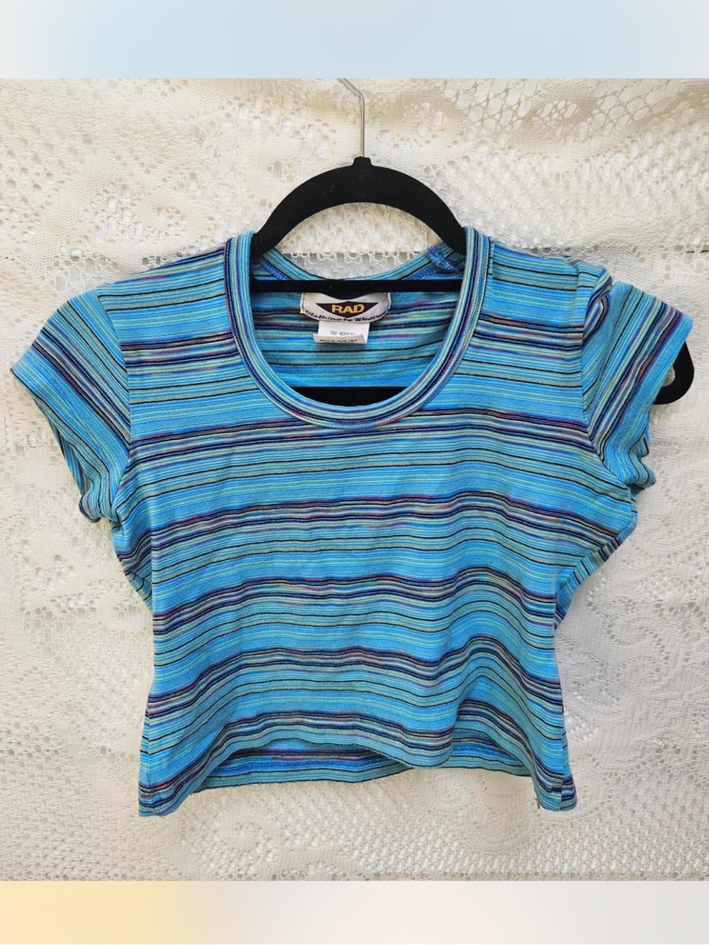 Vintage 80’s Women's Blue Striped Short Sleeve Baby Tee